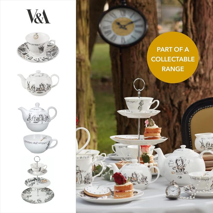 V&A Alice in Wonderland Teapot, pitcher for serving tea, water jug, pot with lid, intricately painted ceramic design, 450 ml, white