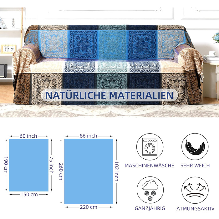 HOORDRY Chenille Woven Throw Blanket, Double-Sided Boho Blanket with Tassels, Double Bed Coverlet, Noble and Cozy Soft TV Blanket Sofa Blanket Reversible Bedspread, 220x260CM, Purple/Blue Purple 220 x 260 cm