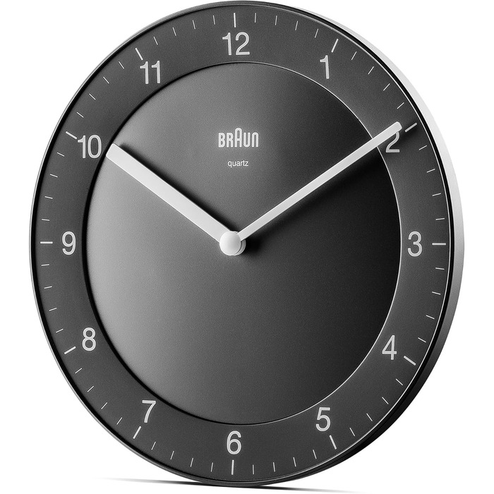 Braun Classic analog wall clock with quiet quartz movement, easy-to-read dial with a 20 cm diameter in black, model BC06B.