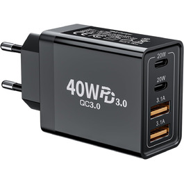 Мережевий адаптер USB-C 40W з 4 портами (USB-C та USB-A), швидка зарядка PD 3.0, для iPhone, Samsung та інших смартфонів, чорний