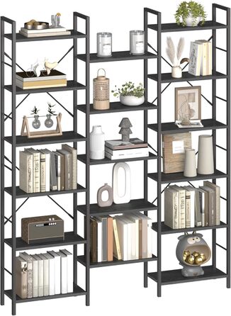 Книжкова шафа Hzuaneri з 17 полицями, 6 ярусів, регульовані полиці, 24x152x186 см, навантаження 340 кг, чорна з деревною текстурою, для вітальні та офісу