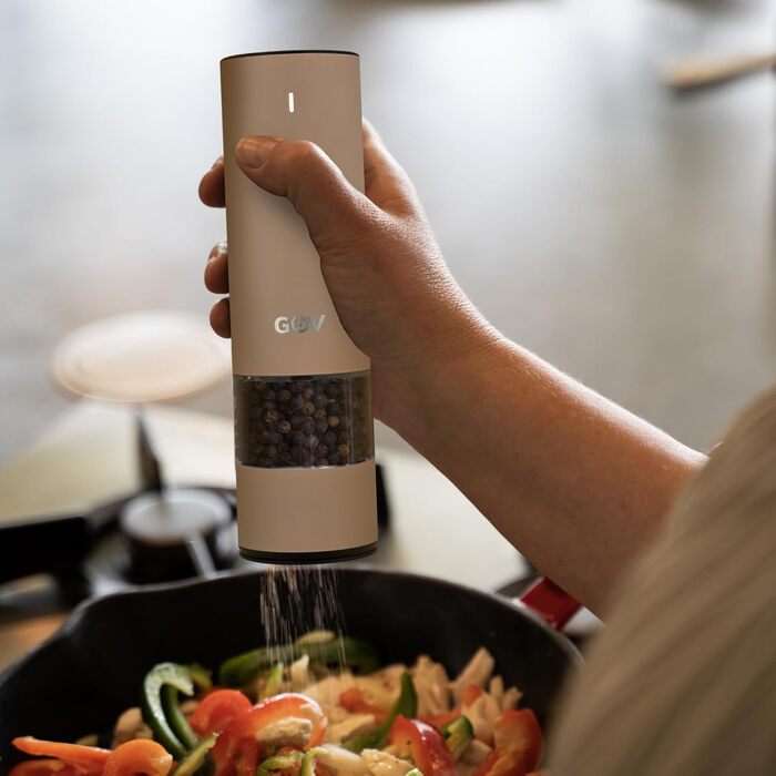 Electric Pepper and Salt Mill Set - 45 ml Beige Edition - USB-C Rechargeable - 6 Adjustable Grind Sizes - Stylish Beige Stainless Steel Design with LED Lamp