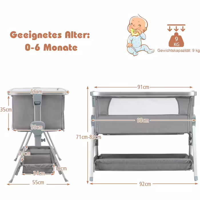 COSTWAY 2-in-1 Side Sleeper Bed & Travel Bed, Folding, Baby Cot with 7-Level Adjustable Height, Portable Baby Bed with Safety Belt, Mesh Windows, Mattress, Under-Bed Basket & Wheels (Dark Grey)