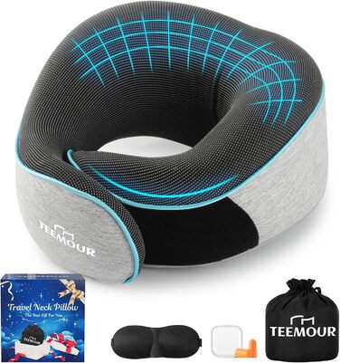 Подушка для шиї у літак Memory Foam з підтримкою 360°, набір для подорожей (очна маска, навушники, чохол), сіра