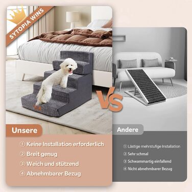 Сходинки для собак Sytopia - 5 сходинок, 57 см, сірий колір, для великих собак, для літніх та поранених тварин, з щільним шаром піни, зручні для доступу до ліжка