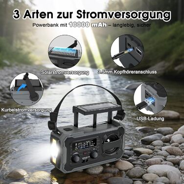 Радіо FIVAVA на сонячних батареях з ручним генератором, Powerbank 10000mAh, AM/FM, SOS-сигналізація, LED-ліхтарик для кемпінгу та надзвичайних ситуацій (Чорний)