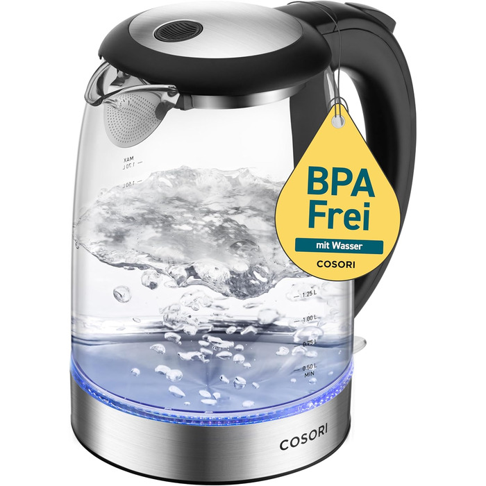 COSORI Glass Kettle, 1.7 Liter, Blue LED, BPA-Free, 2200 Watt, 5-Minute Boil Time, Overheat Protection, 360° Swivel, Kettle made of Borosilicate Glass with Stainless Steel Bottom and Filter