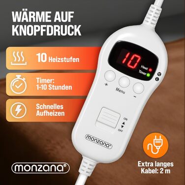 Електрична ковдра Monzana® 180x130 см, 120 Вт, 10 режимів нагріву, таймер, захист від перегріву, чорна/коричнева