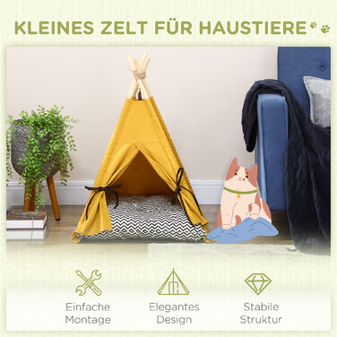 PawHut Будиночок для котів Tipi-намет, ліжко для собак з подушкою, з неслизьким покриттям, з іграшковим м'ячиком, з соснового дерева, для використання в приміщенні, жовтого кольору | Aosom