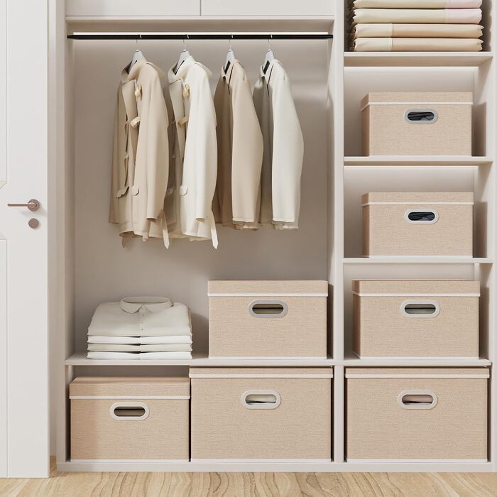 Yawinhe 3-Piece Storage Boxes with Lids, Foldable Fabric Box with Handles, Storage Boxes, for Bedroom, Clothes Storage, 32x23x20cm, SNK023G-3 (32x23x20cm/3-Pack, Beige)