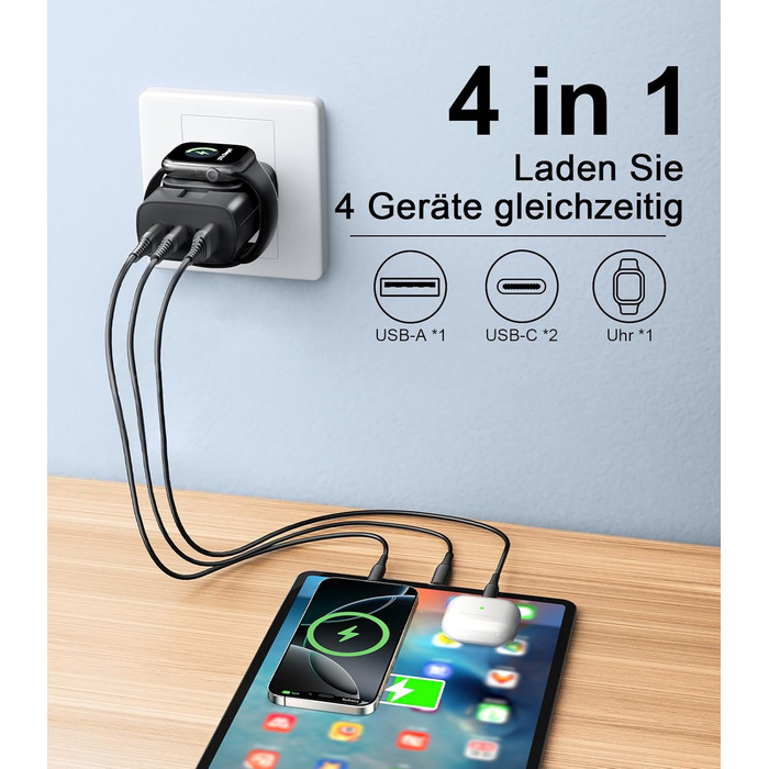 Зарядний пристрій 4-в-1 для Apple Watch та iPhone: 40W USB-C, швидка зарядка PD, сумісний з Apple Watch 10/9/8/7/6/Ultra/SE, iPhone 17/16/15 Pro Max, iPad, AirPods (білий)