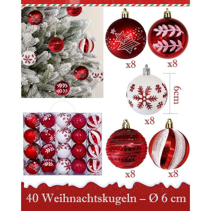 Набір прикрас на ялинку 40 шт. червоно-білі, 6 см, пластикові, з підвісками, небрудні, різноманітні поверхні та візерунки, для внутрішнього та зовнішнього використання