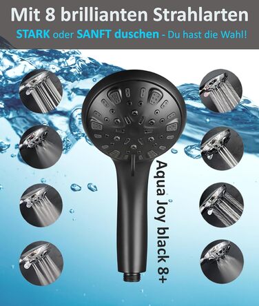 BLUMBACH® Water-Saving Shower Head - High-Pressure Aqua Joy Shower Head - 8 Spray Patterns, Pressure-Boosting Shower Head, Shower Head, Water-Saving Shower Head, High Water Pressure Strong Jet (8L/Min. 8 Spray Patterns / Water-Saving Shower Head Black)