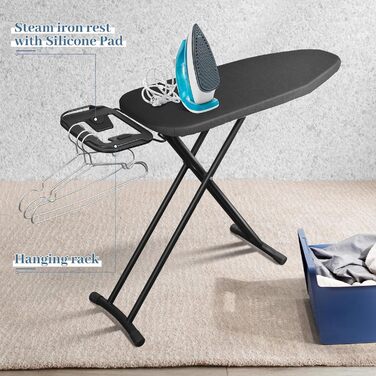 BBTEQEKN Height-Adjustable Deluxe Ironing Board, size 140 x 38 cm, foldable extra-wide ironing board with hook, ironing board made of thick steel suitable for most steam irons (Black)