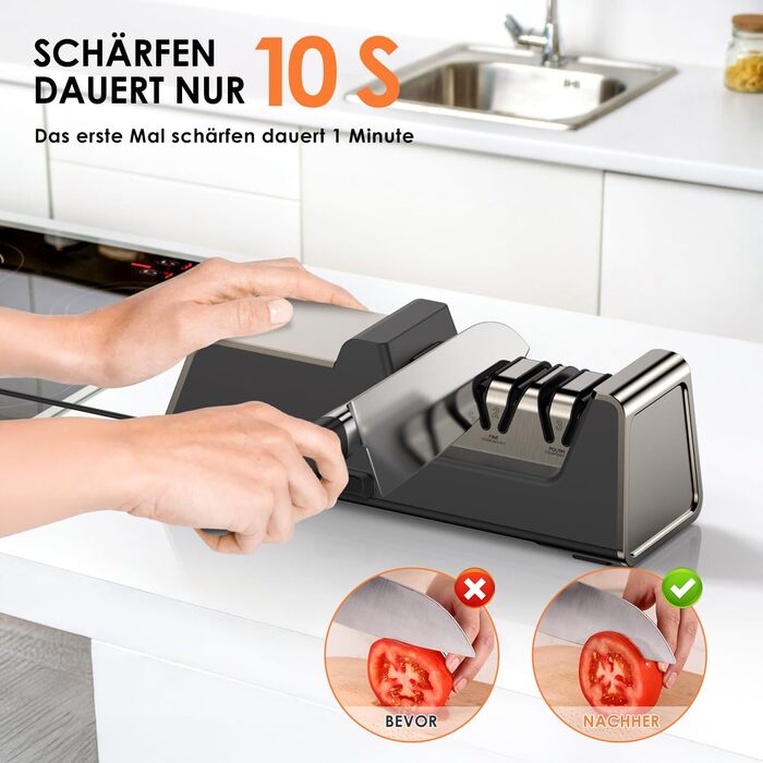 Professional electric knife sharpener with 100% diamond abrasive and precision angle guides. Suitable for double-bevel and serrated knives. Quickly achieves razor-sharp results.