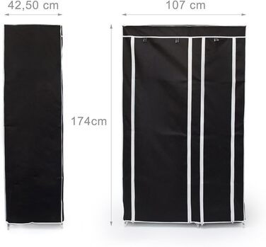 Relaxdays Fabric Wardrobe with Clothes Rail & 5 Compartments, HBT: 174 x 107 x 42.5 cm, Sturdy Folding Wardrobe with Cover, (Black)