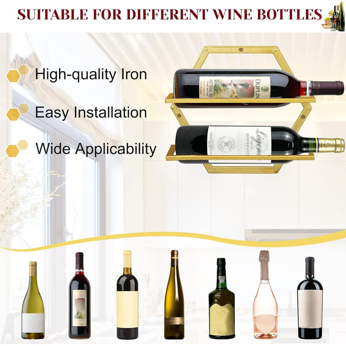 Metal Wall Mounted Wine Holder Stemware Glass Rack, 2Pcs Hanging Glass Wine Rack Wall Mount Red Wine Rack Organizer with 3 Stem Glass Holders for Home Kitchen Bar Display Decor (Gold Bb)