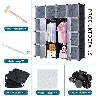 Wardrobe, Plastic Wardrobe, DIY Cube Wardrobe 20 Cubes, Shelf System Bedroom Wardrobe – Black, (140 x 35 x 140 cm)