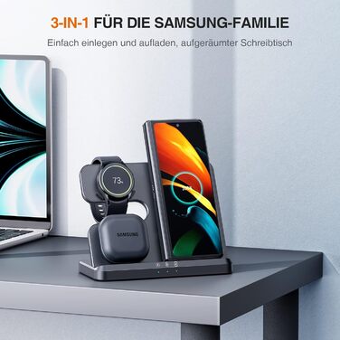 Бездротова зарядка 3-в-1 для Samsung Galaxy: годинники, смартфони, навушники. Сумісна з Galaxy Watch 8/7/6/5/5 Pro, S26 Ultra, S25, S24, S23, S22, Z Flip, Z Fold. Чорний колір, без адаптера.