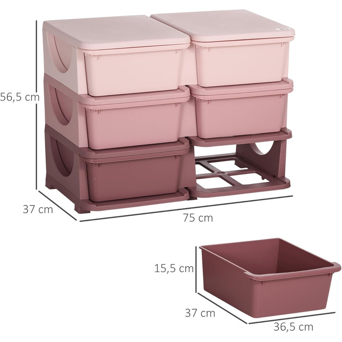 HOMCOM Kids' Chest of Drawers with Storage Boxes, Toy Organizer, Toy Box, Three Tiers for Children's Room, 3-6 Years, Children's Furniture, 37 x 37 x 56.5 cm (75L x 37W x 56.5H cm, Pink+Purple)