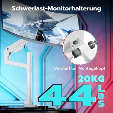 Кронштейн для монітора ARES WING з газліфтом для екранів 17-49 дюймів, білий, навантаження до 20 кг, VESA 75/100