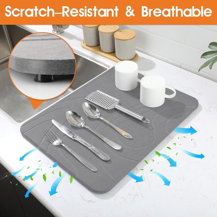 Килимок для сушіння посуду Snuggery, 61 x 40.6 см, сірий, з кремнеземом, швидковисихаючий, антиковзкий