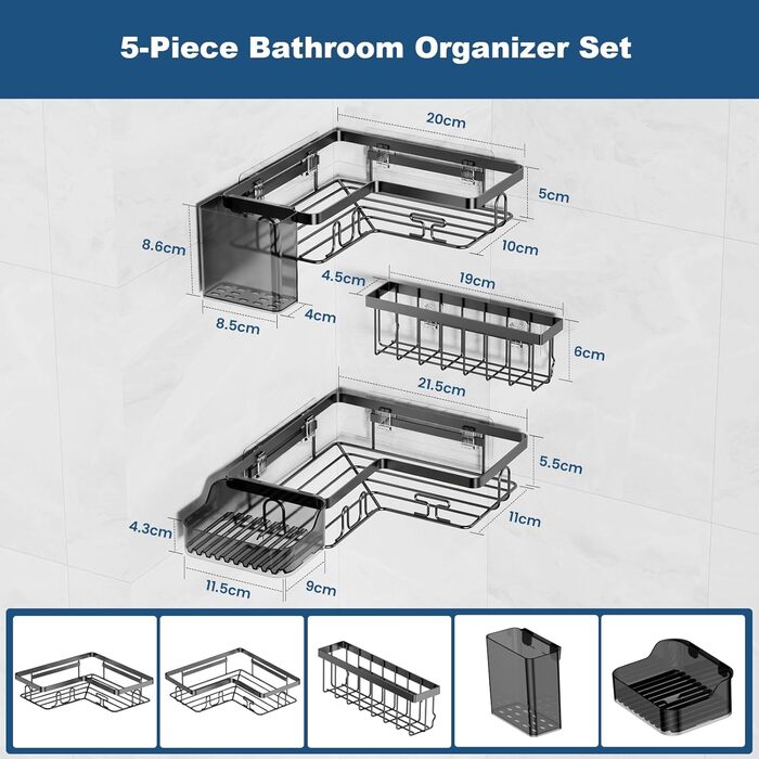 YEAUPE PRO Поличка для душу без свердління в кут – 5-елементний набір для ванної кімнати з 2 кутовими полицями, мильницею, тримачем для зубних щіток та кошиком, самоклеюча поличка на стіну, чорний кутовий кріплення