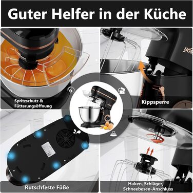 Кухонна машина HOMELUX 1800W з чашею 8 л з нержавіючої сталі, 6 швидкостей, LED-дисплей, насадки для замішування, збивання та взбивання, захист від бризок (чорний)