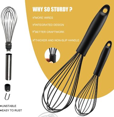 Набір силіконових вінчиків Schneebesen 2 шт. Чорний, для змішування, збивання, збивання та перемішування. Підходить для кухні, з нержавіючої сталі, з антипригарним покриттям.