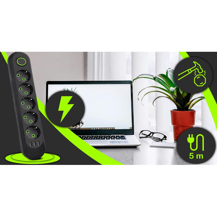 Мережева стрічка Retoo з 3 USB, 5 розеток, вимикачем та 5м кабелем, захист від перенапруги 2500W/10A, з вилками, для смартфонів, ноутбуків, дому, кухні
