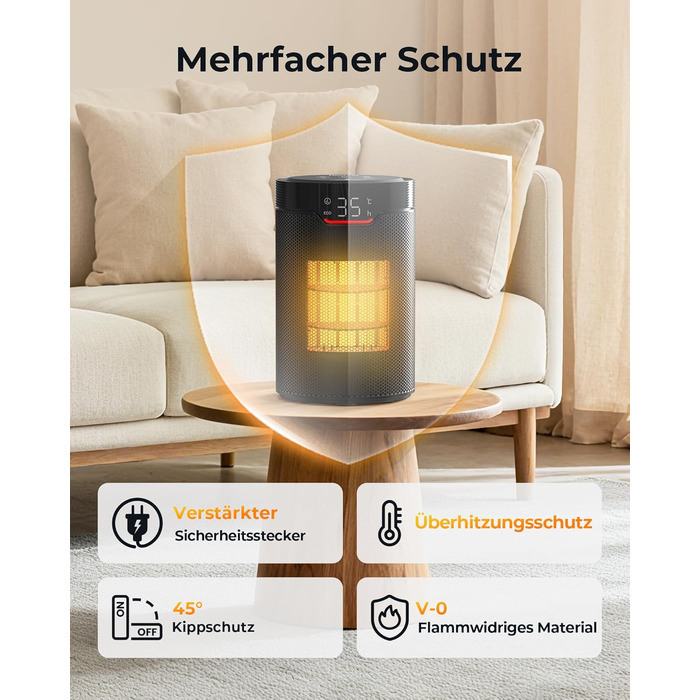 Електричний обігрівач: Економний, 1500W, тихий з таймером, захист від перекидання та перегріву, чорний