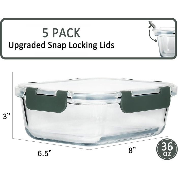 Набір контейнерів для їжі MCIRCO Glas 1040мл, 5 шт. | Скляні контейнери з кришкою, силіконовий ущільнювач, чорний | Meal Prep