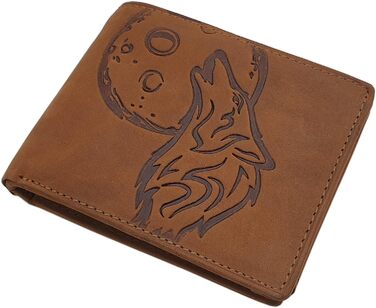 myledershop Genuine Buffalo Leather Wallet/Bifold Wallet/Card Holder/Money Bag in Portrait or Landscape Format with Wolf Design and RFID & NFC Protection (Model 2 / Landscape/Cognac)