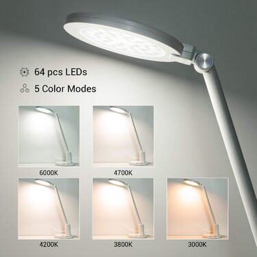 JUKSTG LED Desk Lamp - 12W Adjustable Office Table Lamp with Touch Control, Dimming, 10 Brightness Levels & 5 Color Modes - Eye Protection for Reading, Work, Kids (White)