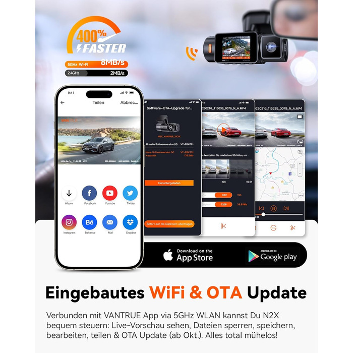 Автомобільний відеореєстратор VANTRUE N2X 2.7K+1080P, подвійна камера, HDR нічне бачення, GPS, Wi-Fi 5ГГц, додаток, голосове керування, 2'' екран, 24/7 паркувальний режим, G-сенсор, до 1ТБ
