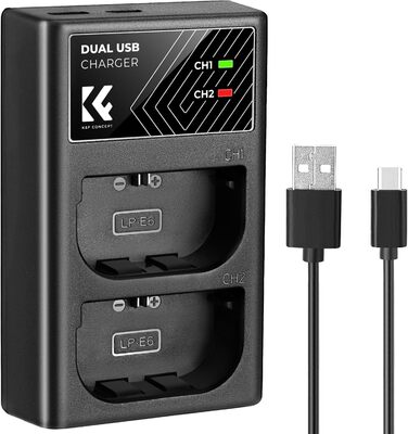 Зарядний пристрій для акумуляторів Canon LP-E6/LP-E6N/LP-E6NH з подвійним слотом K&F CONCEPT, Micro USB та Type-C, швидка зарядка для EOS R5, R6, R, 5D Mark IV, 5D Mark III, 5DS, 5DS R, 5D Mark II, 6D