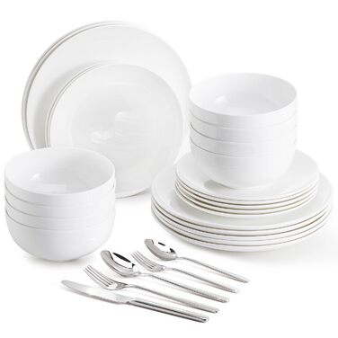 Набір посуду HIKAA на 6 осіб, 12-ти частинний, з кісткового фарфору, тарілки, сумісний з мікрохвильовою піччю та посудомийною машиною, сервіз для дому, весілля, легкий та довговічний (білий, з 20 столових приборів)