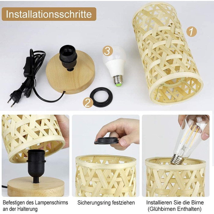 Сучасна LED лампа Depuley на стіл, бамбук та дерево, круглі, з абажуром з ротангу, 60 Вт, патрон E27, нічник, лампа для читання, для спальні, дитячої кімнати, з лампою (Rund-2)