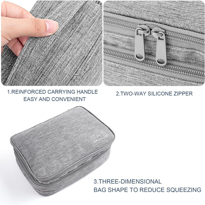 Органайзер для кабелів AiQInu: універсальна дорожня сумка-кубик, 3 шари, водонепроникний, для кабелів, power bank, USB, SD карт (сірий)