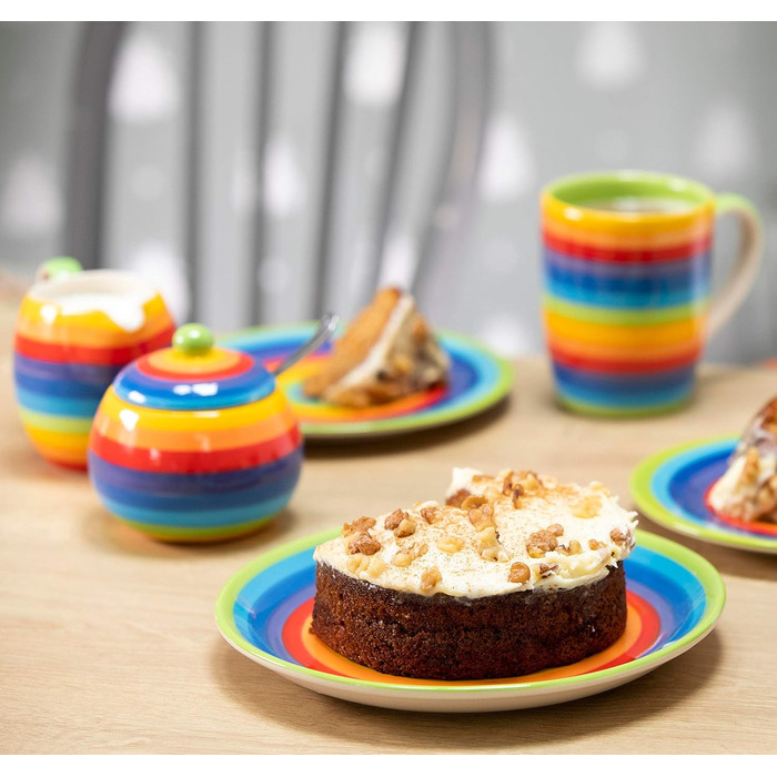 Hand-painted sugar bowl and teapot set with rainbow stripes