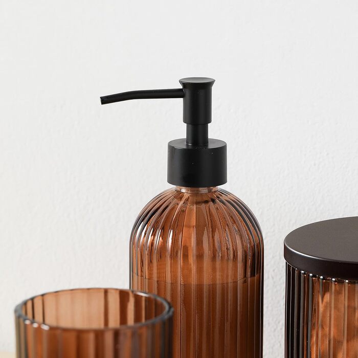 4-Piece Heavy Glass Bathroom Accessories Set with Decorative Embossed Pattern – Includes Soap Dispenser, Cup, Soap Dish, and Toothbrush Holder (brown)