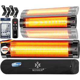 Інфрачервовий обігрівач KESSER® 2500W з пультом, 3 режими, швидкий нагрів, кріплення на стіну, для тераси, кварцовий, з захисним чохлом, таймер - антрацит (чорний)