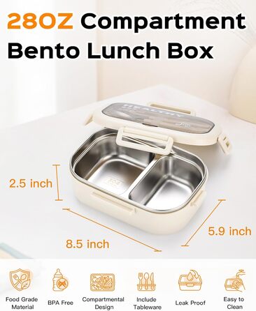 Ланчбокс Lille Home з нержавіючої сталі з 2 відділеннями, 850 мл, витокозахисний, з сумкою та столовим прибором, BPA-free (Бежевий)