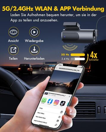 Відеореєстратор GKU Dashcam Auto: 4K+1080P, WiFi 2.4/5GHz, SD 64GB, Паркувальний режим, Нічне бачення, WDR, 170° Кут огляду, G-сенсор, Циклічна запис, Керування через APP, Чорний