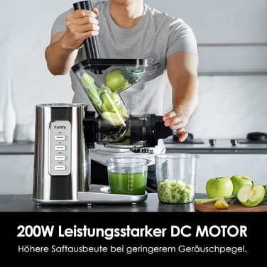 Електричний соковитискач Fretta Slow Juicer з нержавіючої сталі, 200W, Cold Press, велика завантажувальна горловина 76 мм, висока сафровидача, легке очищення, без BPA