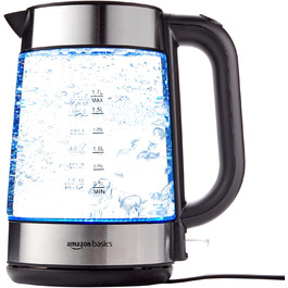 Amazon Basics Electric Glass Kettle, 1.7 L, 2200 W, Black, Silver