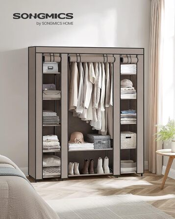 SONGMICS Wardrobe, Fabric Closet, with Clothes Rail and Shelves, Fabric Cover, for Bedroom, Dressing Room, 150 x 45 x 175 cm, LSF03H (Taupe)