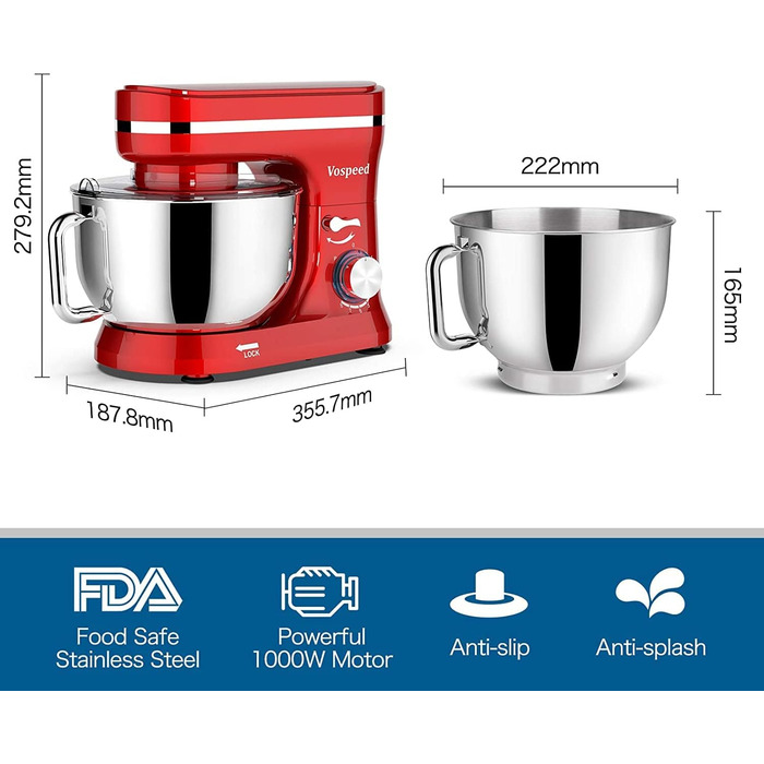 Кухонна машина Vospeed (червона), тістоміс 5QT, 8 швидкостей, чаша з нержавіючої сталі, набір насадок (гак, вінчик, міксер), придатна для мийки в посудомийній машині