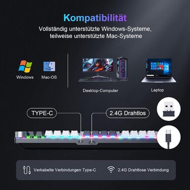 Механічна ігрова клавіатура TECURS бездротова, 80% TKL з підсвічуванням, Red Switch, QWERTZ, для ПК, ноутбука, Windows, чорно-біла