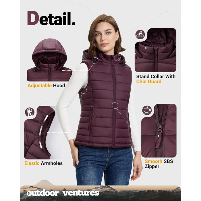 Стьобана жилетка Outdoor Ventures для жінок з капюшоном, гібридна спортивна жилетка для походів та кемпінгу, тепла велосипедна жилетка з капюшоном, лілова, XXL